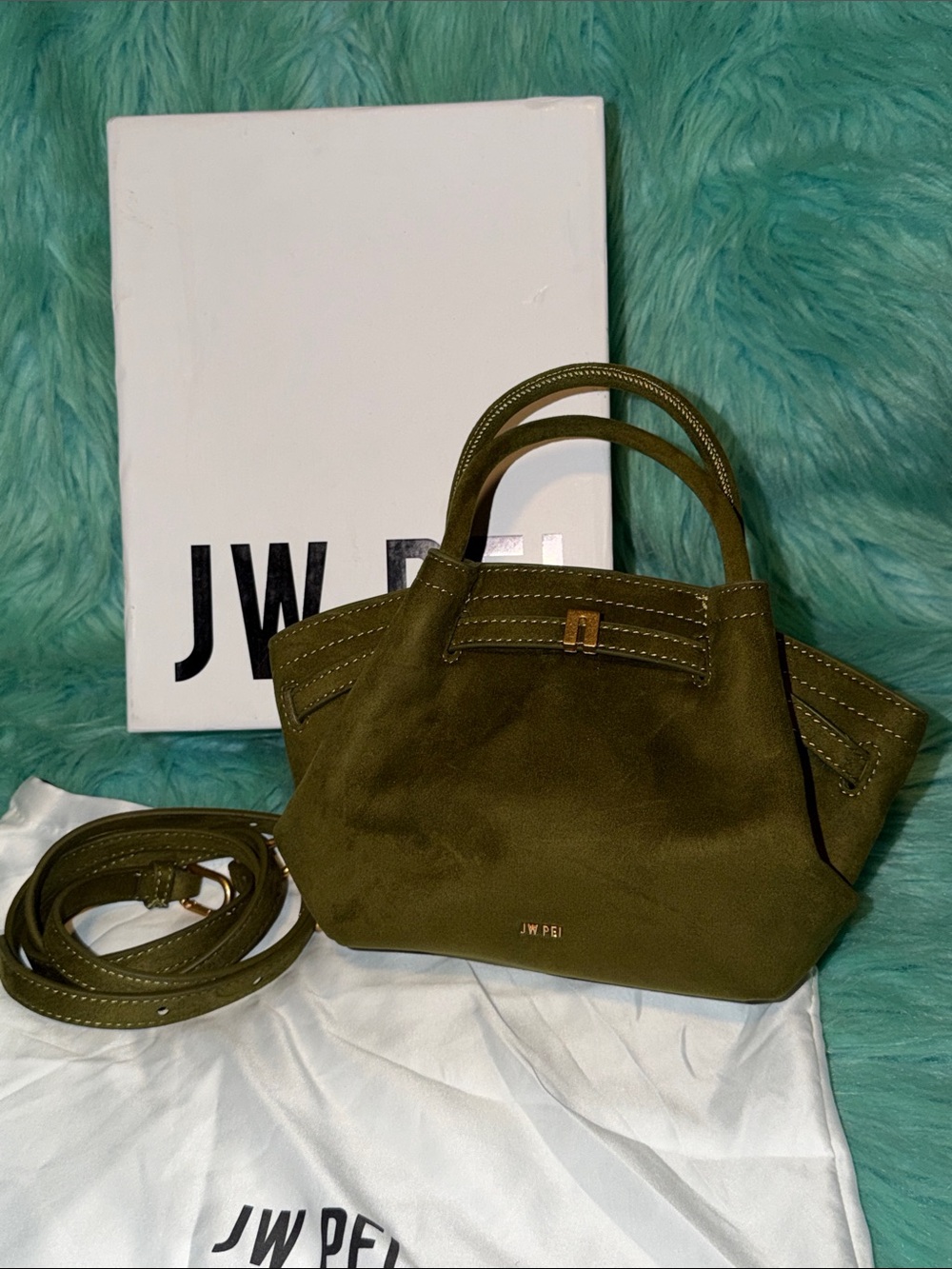 NIB JW PEI Olive Green Suede Crossbody Mini Bag - Hana - and dust bag